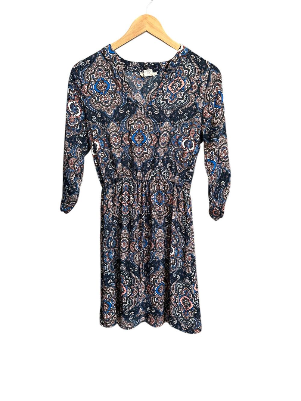 R2D Paisley Boho Navy Long Sleeve V Neck Elastic Waist Mini Dress Size Small